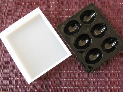 Zojila.com : Petra Egg tray : Translucent black chiseled glass deviled egg serving platter with deep white silicon lid 6.25 x 5.25 x 1.75 inches : Serving Dish