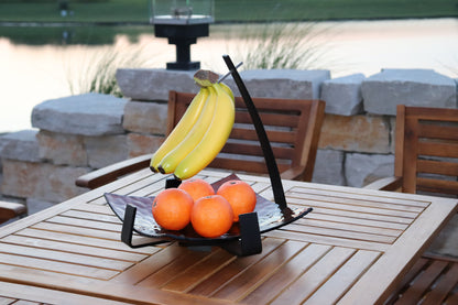 Zojila.com : Pomona Fruit Holder : Fruit holder with Banana Hanger, Art glass with Aluminum arms - Amber 12 inch square : Kitchen & Dining